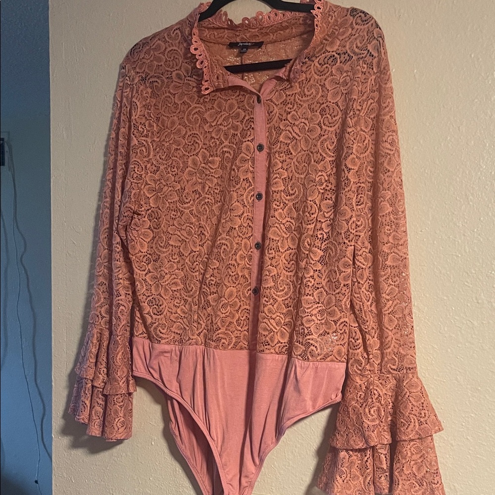 Lace Button-Front Pink Bodysuit Top